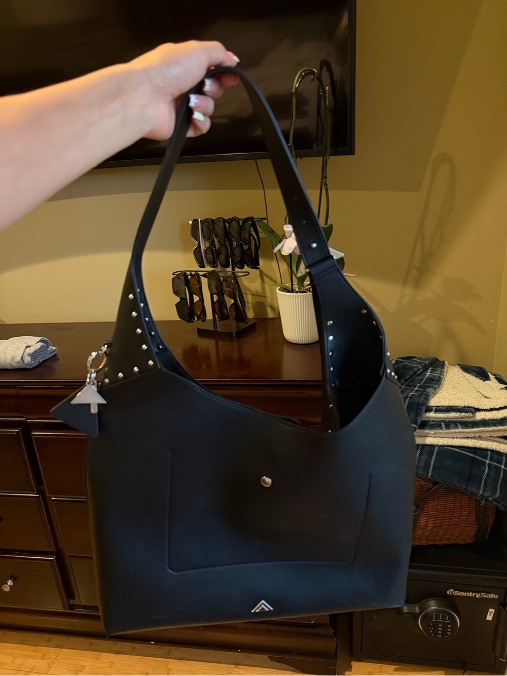Aldo Black Studded Shoulder Bag with Triangle Charm